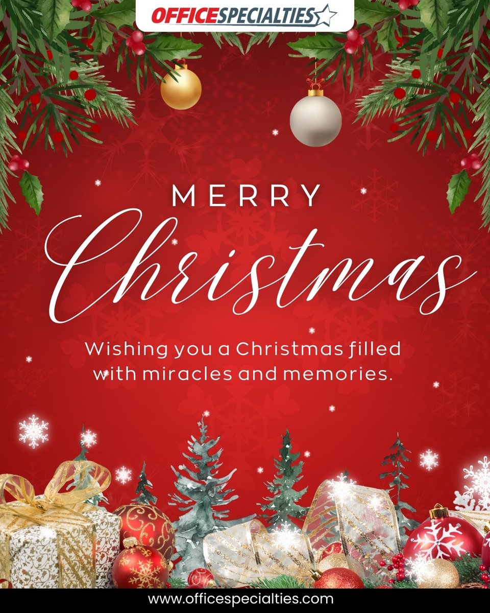 OSDeals's tweet photo. Merry Christmas from all of us at Office Specialties! 

May your holiday season be filled with joy, miracles, and cherished memories.

Here's to a magical celebration!

#christmascheer #holidayvibes #seasonofjoy #festiveseason #magicalmoments #officesupplies #officespecialties https://t.co/U26j1VWLhU