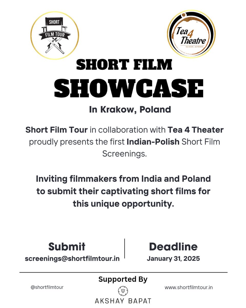 Short Film Showcase in Kraków, Poland

Short Film Tour in collaboration with Tea 4 Theatre and supported by Akshay Bapat proudly presents the First Indian-Polish Short Film Screenings. (1/2)