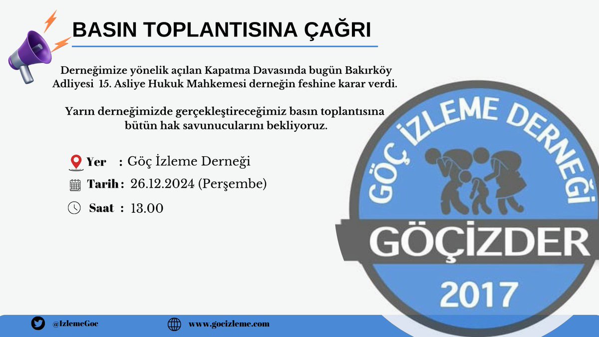 BASIN TOPLANTISINA ÇAĞRI!

Derneğimize açılan kapatma davası sonucunda verilen fesih kararına ilişkin düzenleyeceğimiz basın toplantısına tüm hak savunucularını davet ediyoruz.
