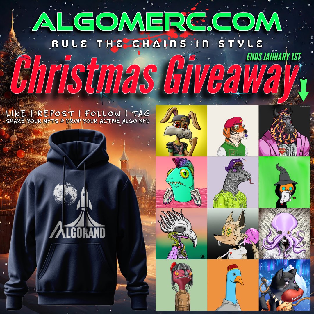 🎄 Merry Christmas, Algorand! As a token of gratitude for your amazing support over the past few months, we're excited to give away some NFTs and merch 🆓 There will be 12 lucky winners of NFTs, and the drawing will take place on January 1st! 🎊
•
👍 1. Like &amp; Repost 
🙏 2.