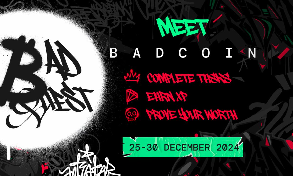 A💀⚡️ BAD Quest Campaign: Your Initiation Begins ⚡️💀
The Cartel calls. Rise through the ranks of degeneracy, complete tasks, and claim your spot in the BAD ecosystem.

💥 Starts NOW: quest.intract.io/quest/6764e388…

💀 Get XP from quests, earn USDC on <a href="/BNBCHAIN/">BNB Chain</a> and become part of the