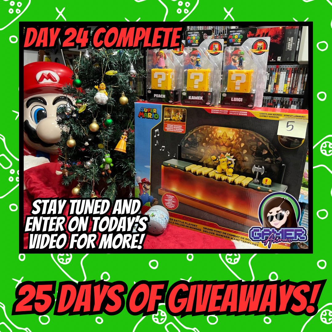 GamerAhmer's tweet photo. Day 24 has completed! Stay tuned for today’s short and be sure to comment for a chance to win! #videogames #games #gamerahmer #christmas #25daysofchristmas #25daysofgiveaways #giveaway #mario #supermariobros #retrogaming #nintendo #happyholidays https://t.co/kPGCGltx5m