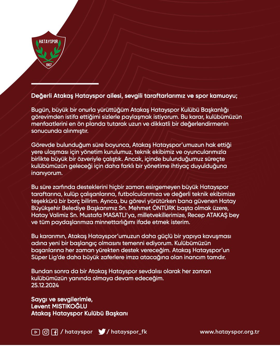 Son dakika | Hatayspor Kulübü Başkanı Levent Mıstıkoğlu istifa etti!