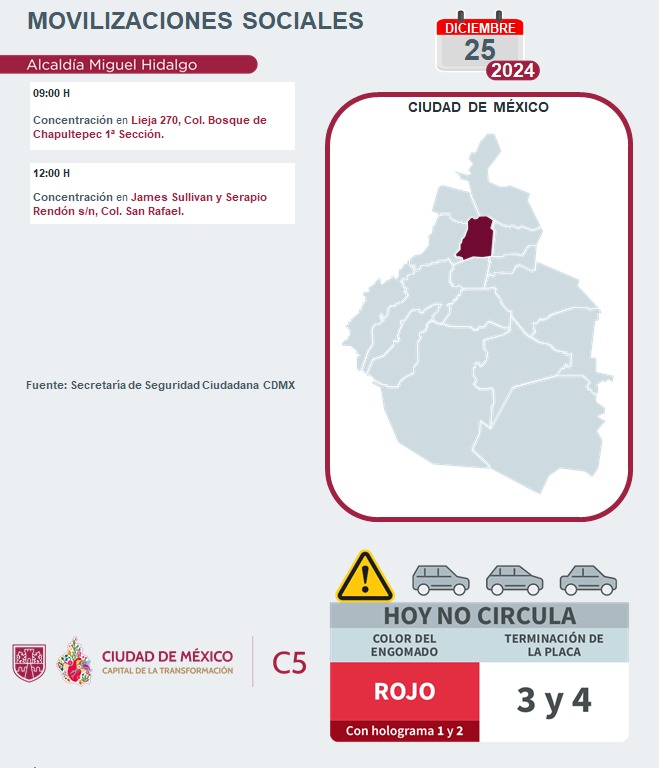 ⚠🗓 #ENTÉRATE | Para hoy, 25 de diciembre 2024, estas son las movilizaciones sociales previstas en la Ciudad de México. 🎄

#C5ConConfianza #MovilidadCDMX #C5OjosDeLaCDMX 👀 #C5CorazónDeLaCDMX