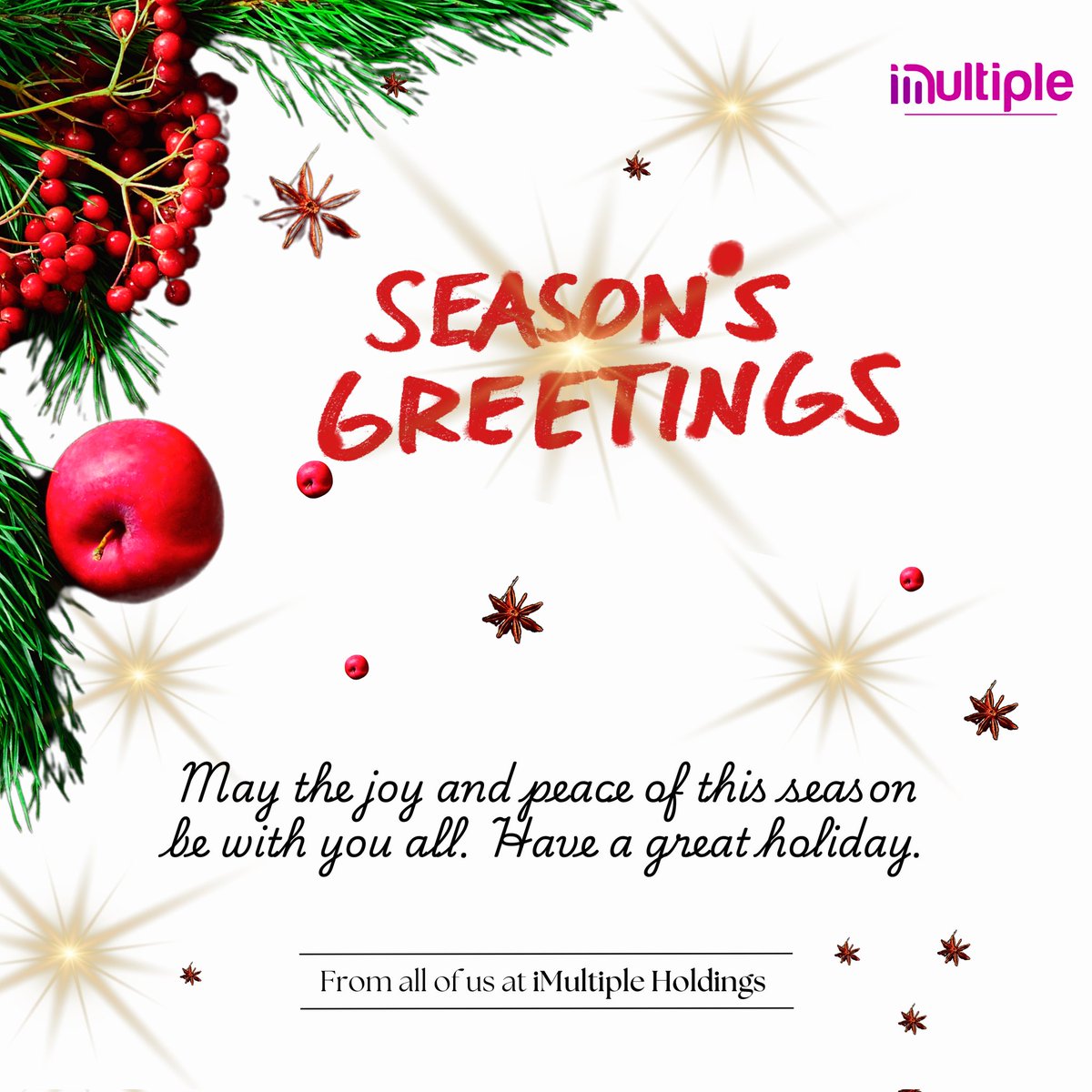 imultipleholdco's tweet photo. Seasonβs Greetings from all of us at iMultiple Holdings! πβ¨
Wishing you a joyous holiday season and a prosperous New Year filled with opportunities and success. πβοΈ
#iMultiple #SeasonGreetings https://t.co/UrnpItGMJl
