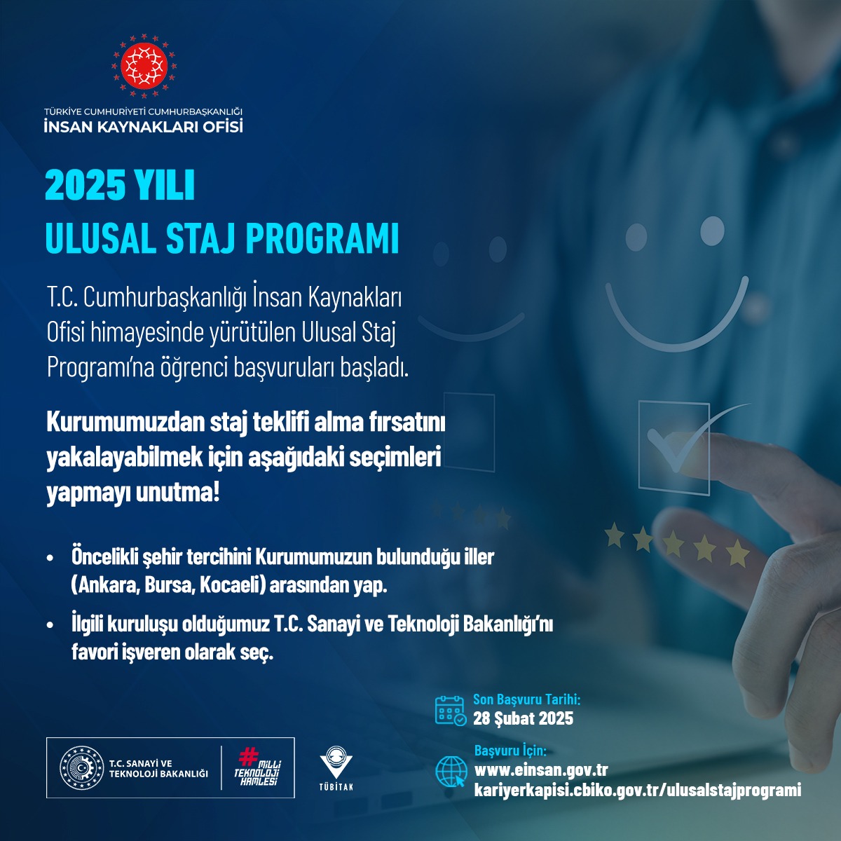 ✨ 2025 Yılı Ulusal Staj Programı ✨

T.C. Cumhurbaşkanlığı İnsan Kaynakları Ofisi himayesinde yürütülen #UlusalStajProgramı kapsamında öğrenci başvuruları başladı. TÜBİTAK'ta staj fırsatı için sen de başvur! 👩‍🔬👨‍🔬🚀🧬🔬🧪

🗓️Son Başvuru Tarihi: 28 Şubat 2025

Başvuru için: 👉
