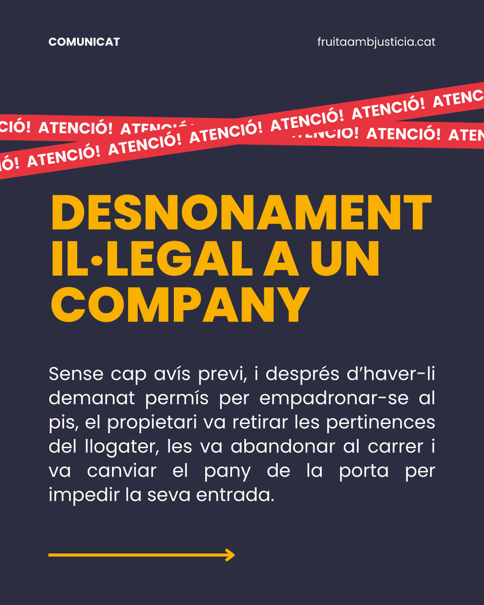 destriem_ponent's tweet photo. 💥 No serà un 'bon nadal' per a tothom. 

❗ Abans d'ahir vam patir el desnonament il·legal d'un company de #FruitaAmbJustíciaSocial per part d'un propietari racista que volia impedir el seu dret a empadronar-se.

📝 Llegeix el comunicat complet https://t.co/v0iEkfKrHw https://t.co/PMgAGAQ2DK