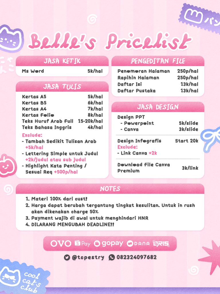 reville's tweet photo. ⊹ ୨୧ *sniffs* hello X-people! 
aku buka jasa ketik/tulis yang harganya ramah banget di kantong, yuk langsung aja cek pricelistnya🎀🐈🧾 
🗯payment qris &amp; all e-wallet
🗯order chat https://t.co/o1g0QBm9p5 atau dm @reville (pls mention after dm)
#zonauangᅠᅠ https://t.co/xeTtEJyxr6