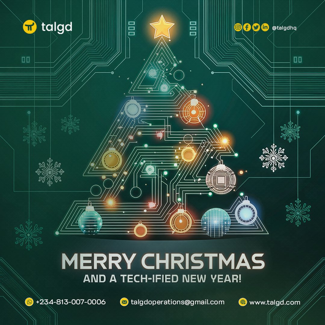 talgdhq's tweet photo. Season’s Greetings from all of us at Talgd! 🎄

May your holidays be merry, bright, and tech-filled! 

Here’s to innovation, growth, and success in the New Year. 

#MerryChristmas #HappyNewYear #Talgd #TechCommunity #Osogbo https://t.co/2VJPFFZptr