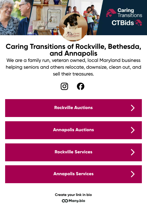 🌟 Spotlight: Outstanding Microsites Built with Our Platform
 We're excited to showcase this week's standout microsite from Caring Transitions of Rockville, Bethesda, and Annapolis!

 many.bio/CTRockville