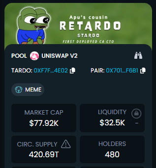 Today is #Christmas Day, Followers #Tardo has a #MarketCap of $77.92k today! 👇🏽
480 #HOLDERS! ⚡️
Follow: @TardocoinCTO 💪🏽

TG: t.me/tardocoincto 

CA: 0xf7f3e16f1f44a7b05f830c9e1a88dec69da44e02

I say #buy and 💫 #HOLD = #GOLD  😉 

#MEME #RETARDO 🌏🌍🌎