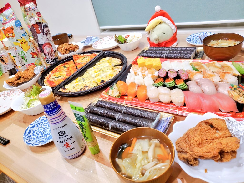 「きょうのおゆうはん!メリークリスマスお肉屋さんで買ってきたフライドチキンめちゃめ」|たいごのイラスト