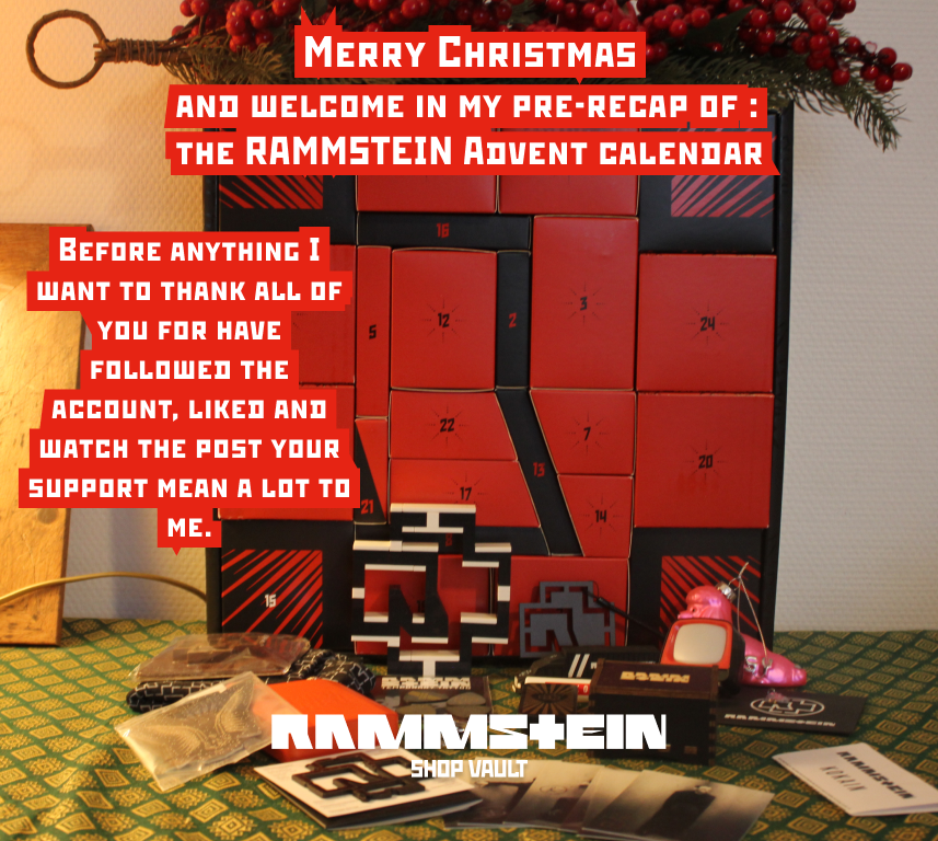 RammsteinShopUn's tweet photo. Merry Christmas!

and welcome in my pre-recap day of the Rammstein advent calendar🎄:

Before anything I want to thank all of you for have followed the account, liked the tweet your support mean a lot to me. 

1/5
#Rammstein #RammsteinShop #RammsteinAdventCalendar https://t.co/lE1DpNwCZ1