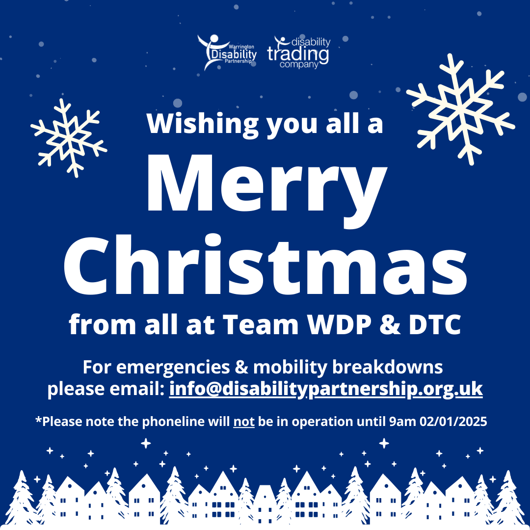 DTCSales's tweet photo. Merry Christmas from Team WDP &amp; DTC! We are closed 1pm 24/12/24  &amp; we re-open 9am 02/01/25 

Emergencies &amp; mobility breakdowns: email info@disabilitypartnership.org.uk or visit https://t.co/1xtWwKEow5 

*Please note the phoneline will not be in operation until 02/01/25 https://t.co/EEaxJkxtNq