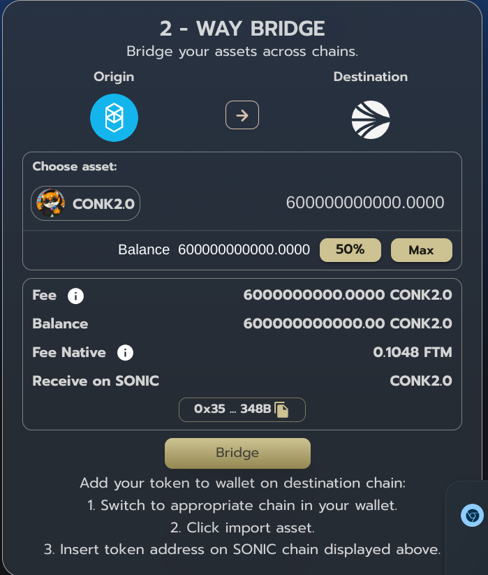 milesmuso's tweet photo. Just bridged my $CONK2.0 to #Sonic with #BasedFinance's easy-to-use bridge at:
https://t.co/3ICfWgGs4c.
Love seeing all the OG #Fantom projects on my Sonic watchlist! https://t.co/Dx6HBHZr9G