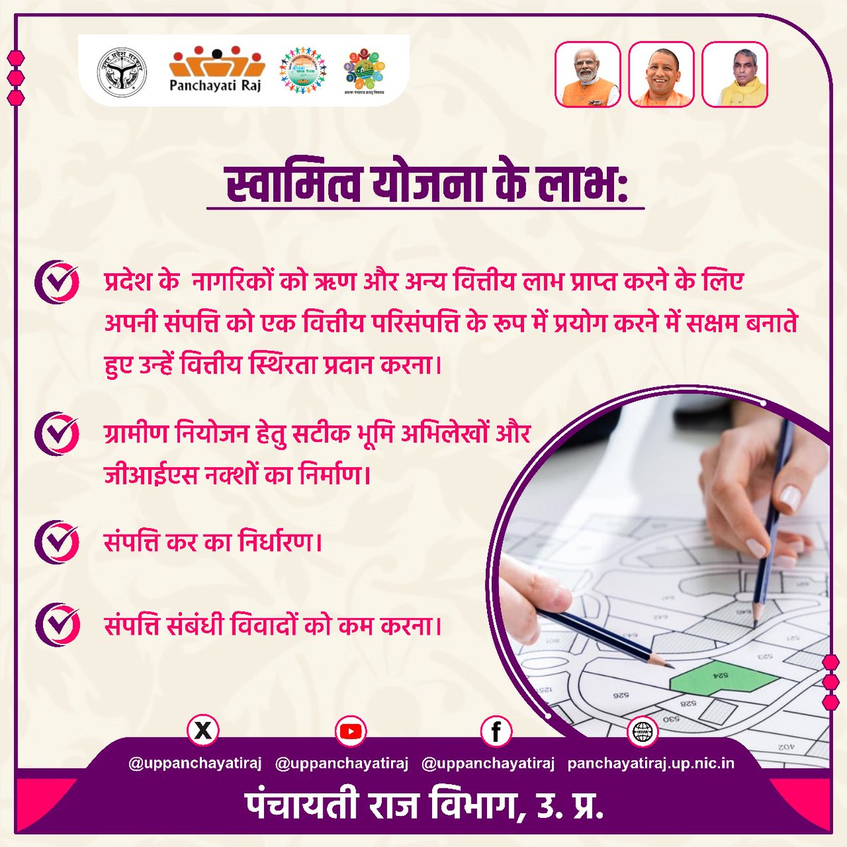 uppanchayatiraj's tweet image. || स्वामित्व योजना से प्रदेश के संपत्ति धारक होंगे लाभान्वित ||

इस योजना के माध्यम से संपत्ति धारक अपनी संपत्ति को वित्तीय परिसंपत्ति के रूप में प्रयोग कर ऋण प्राप्त कर सकेंगे। इसके साथ ही भूअभिलेख का सटीक नियोजन व GIS नक्शों का निर्माण और संपत्ति का निर्धारण किया जाएगा।