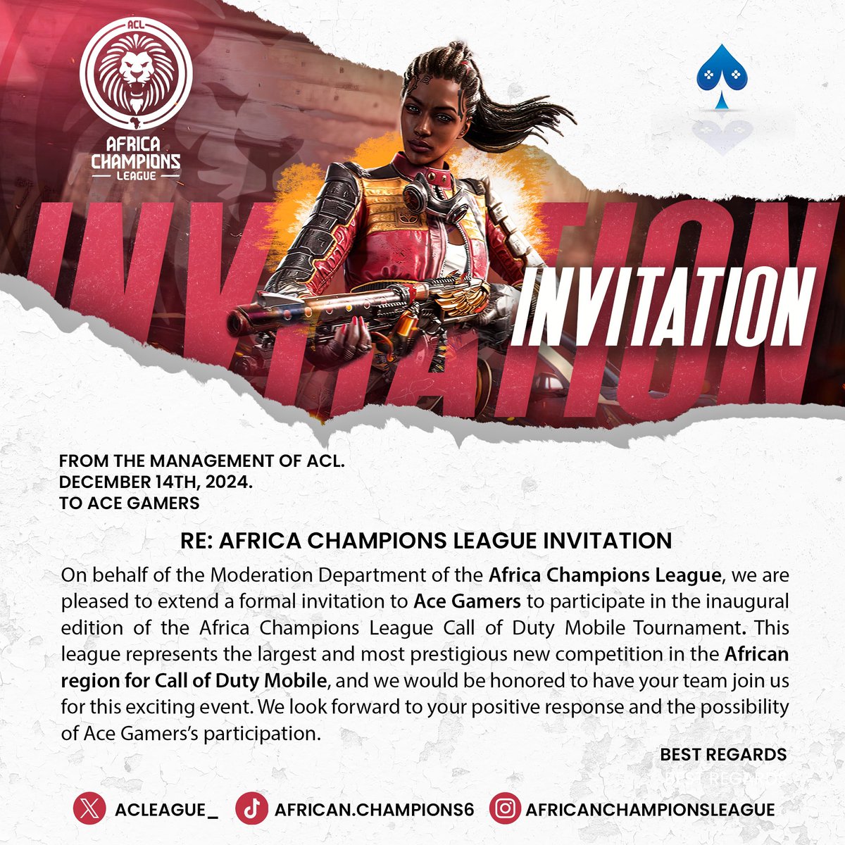 🛑 Official invitation to <a href="/Acleague_/">Africa Champions League (ACL)</a>  one of the biggest Codm leagues Africa is yet to experience. It’s time to cook, coming new year 🔥 
<a href="/CoDMobileSports/">COD Mobile Esports News</a> <a href="/CalinoCalebson/">Calebson |¦ Ace Gamers🎮🇬🇭</a> <a href="/PlayCODMobile/">Call of Duty: Mobile</a> <a href="/GigaCali/">Cali</a> <a href="/Nexal_Gaming/">Nexal Gaming Company</a> <a href="/10N8EPLAY/">10N8EPLAY </a> <a href="/esportsGhana/">ESPORTS GHANA</a> <a href="/teamaura233/">Aura 233</a> <a href="/vgaesportshow/">VGA ESPORTS</a> <a href="/ESportsANews/">Esports Africa News</a>