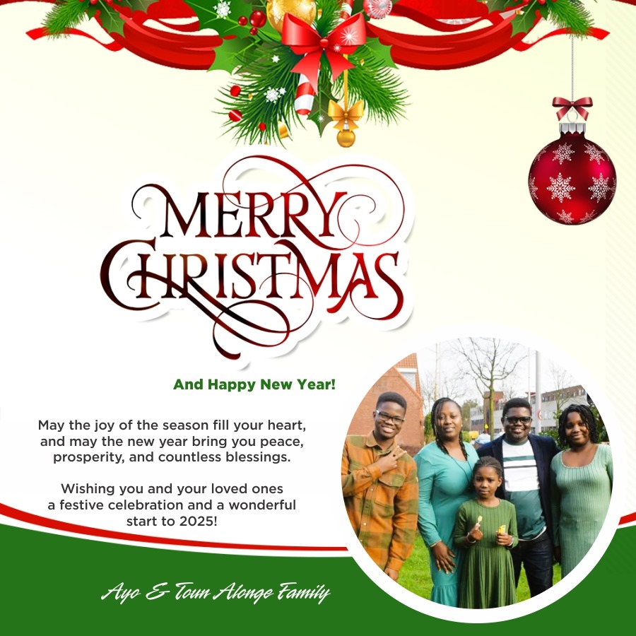 DrAlongeAJ's tweet photo. #MerryChristmas and Happy New Year! May the joy of the season fill your heart, and may the new year bring you peace, prosperity, and countless blessings. Wishing you and your loved ones a festive celebration and a wonderful start to #year2025!  https://t.co/TpzxTFc8VW https://t.co/HLlSEFibuX
