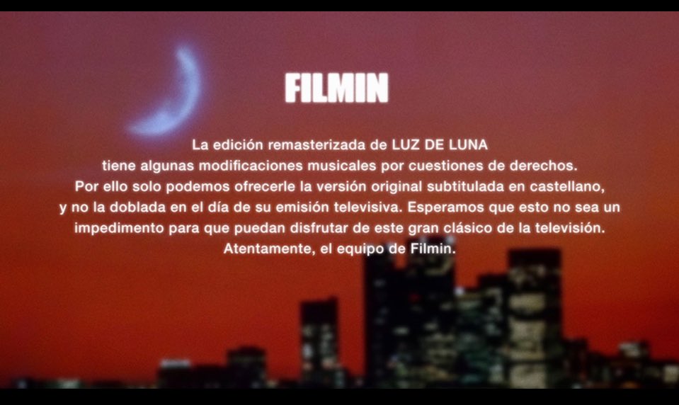 A muchos les ha extrañado que LUZ DE LUNA se estrene en <a href="/Filmin/">Filmin</a> en VOS y no doblada, como vimos en <a href="/rtve/">RTVE</a> con el estupendo doblaje de la época, cuando aún el doblaje en 🇪🇸 era de calidad. Vamos a explicar los motivos por lo que suele pasar esto por si desconocíais estos cambios