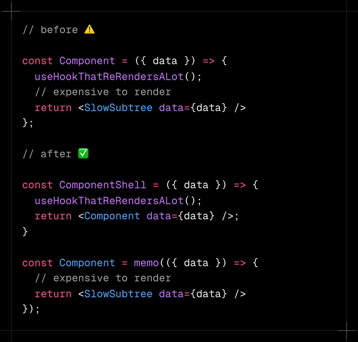 aidenybai's tweet image. one neat trick to optimize React components that cause a lot of expensive renders is to split it into two
now, ComponentShell renders a many cheap renders, and Component doesn't render unless `data` changes