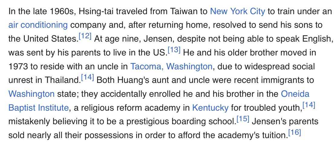 AlexNowrasteh's tweet photo. How Jensen Huang (founder of Nvidia) immigrated. A more selective skilled immigration system wouldn’t have picked him.

You can muse all you want about how starting H-1B wages should be this or that % of US wages, but you’d end up accidentally excluding people like Huang. https://t.co/vzvGbJDaIg
