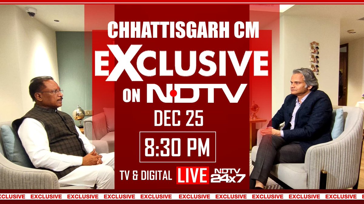 NDTV (@ndtv) on Twitter photo Watch Chhattisgarh Chief Minister Vishnu Deo Sai (<a href="/vishnudsai/">Vishnu Deo Sai</a>) in an exclusive conversation with NDTV's Nikunj Garg (<a href="/NikunjGargN/">Nikunj Garg</a>), tonight at 8.30, only on NDTV 24X7 and ndtv.com/live Watch Chhattisgarh Chief Minister Vishnu Deo Sai (<a href="/vishnudsai/">Vishnu Deo Sai</a>) in an exclusive conversation with NDTV's Nikunj Garg (<a href="/NikunjGargN/">Nikunj Garg</a>), tonight at 8.30, only on NDTV 24X7 and ndtv.com/live