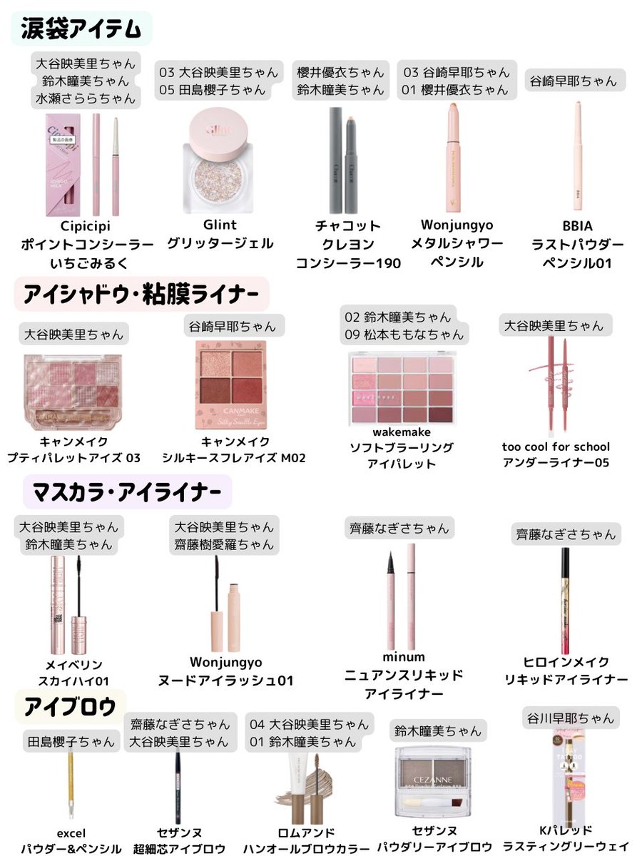 盛り体制関係無し‼︎きゅるんと子犬🐶アイドルアイメイク分析してみた♡【ブルベ編】
･アイシャドウはローズやくすみローズ系カラーで統一。
→粘膜ライナーはナチュラルローズブラウン(赤矢印)
･マスカラ&amp;アイライナーはブラックやブラウンブラックで目力アップ！