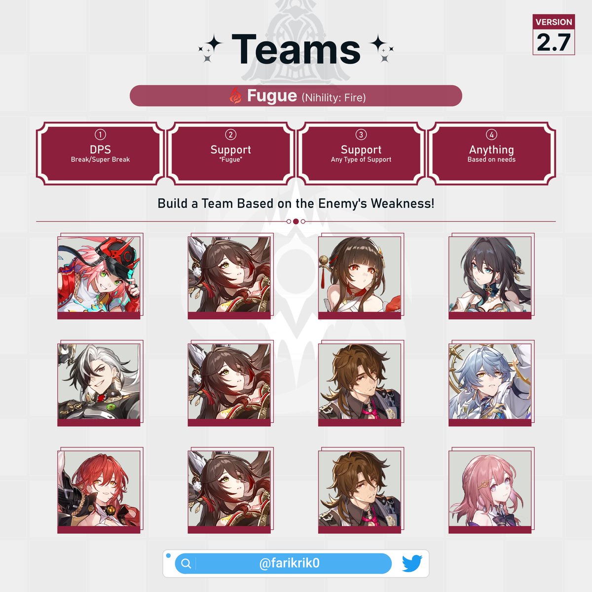 farikrik0's tweet photo. Materials, Skills Priority, and Teams for Fugue.

#HoYoCREATORS #honkaistarrail #Tingyun #Fugue #hsrguide #FarikGuide https://t.co/Q3jUmU22Os