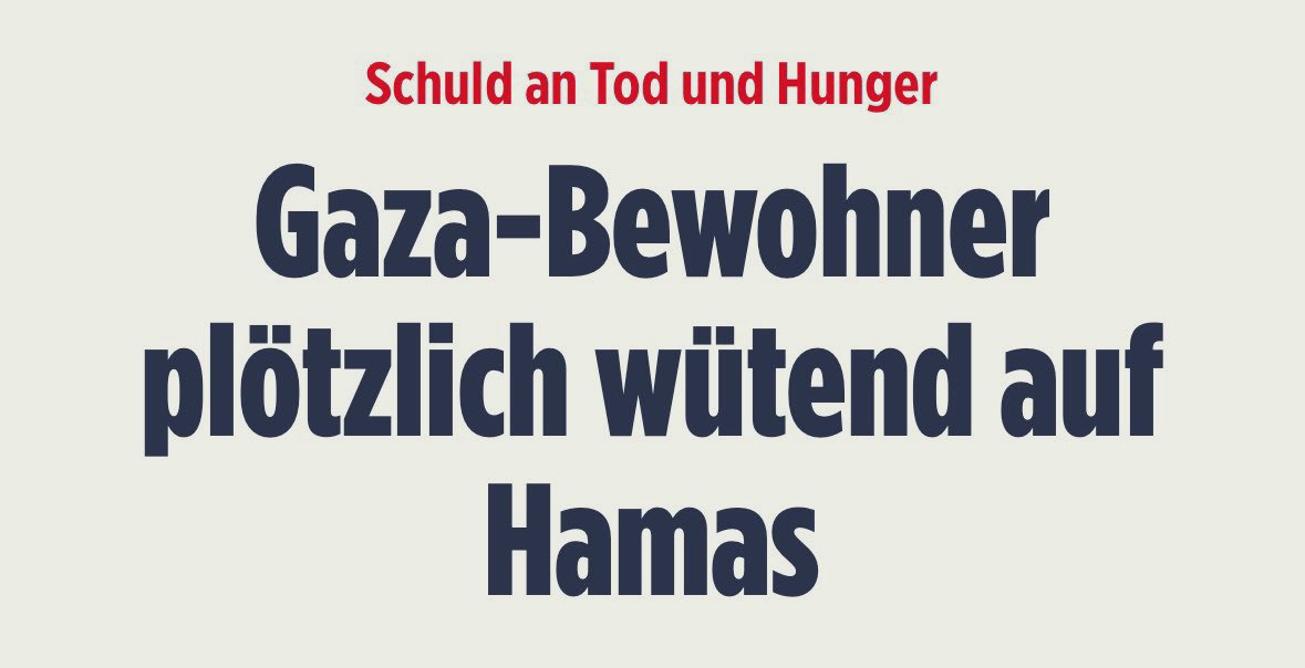 Wie bitte? Die Menschen in Gaza sagen, Hamas wäre Schuld am Leid in Gaza? Was ist denn da los? Haben diese undankbaren Palästinenser etwa die „Israel ist an allem Schuld“-Memos von Kristin Helberg, Jürgen Todenhöfer, Yasemin Acar, Ramsy Kilani und Attila Hildmann nicht gelesen?