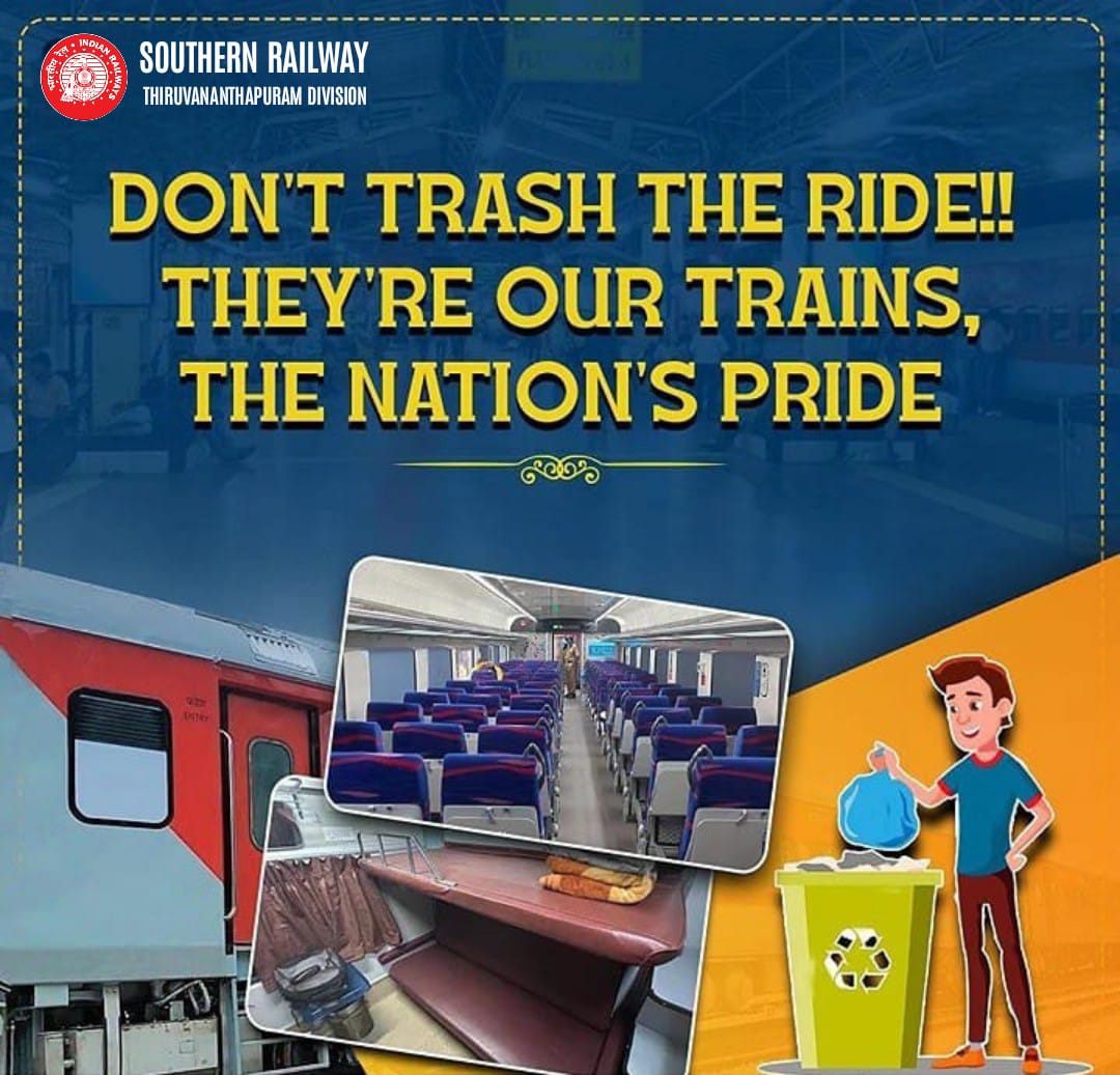 drm_tvc's tweet photo. Trains are a reflection of our nation's pride and heritage. Let’s commit to keeping them clean and treating them with the respect they deserve.
#TrainPride #ProtectOurHeritage #TravelSmart #IndianRailways #southernrailway https://t.co/sXfkX68GP2