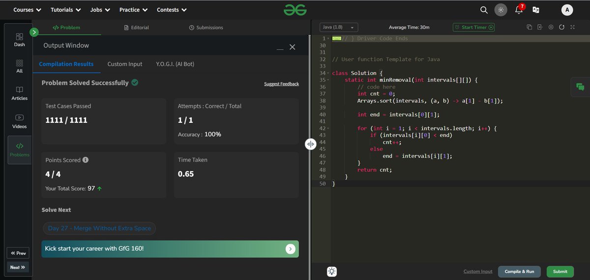 Ashika619512319's tweet photo. #Day_26 of the #gfg160 Challenge!
Today, I successfully solved the problem of "Non-overlapping Intervals" on @geeksforgeeks
#CodingJourney #ProblemSolving #gfg160 #geekstreak2024 #GeeksforGeeks #womenintech https://t.co/cI9bxjv8bD