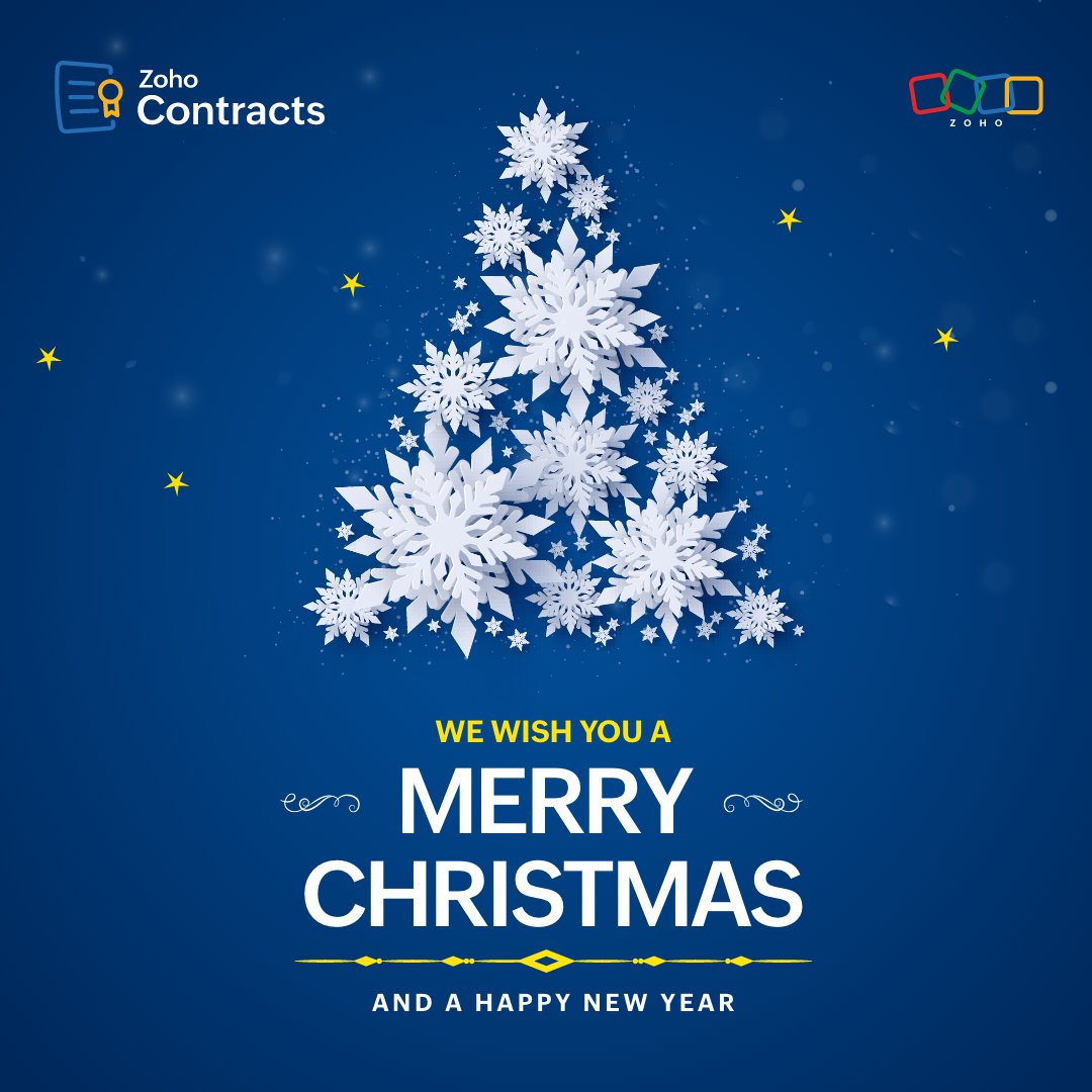 ZohoContracts's tweet image. 🎄✨ Wishing you a joyous holiday season from all of us at Zoho Contracts! Here’s to a Happy Christmas and a prosperous New Year! Happy Holidays! 🎅🎁🌟 #HappyHolidays #ContractManagement #Seamless2024