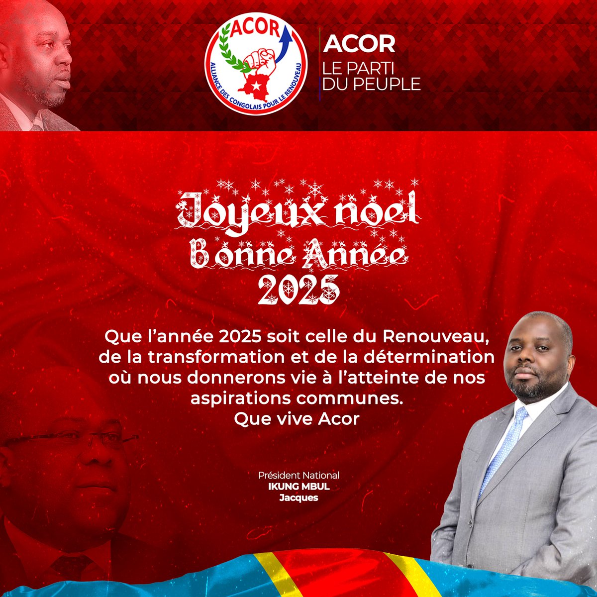 AcorRdc's tweet photo. Chers compatriotes,
En cette période de renouveau et d'espérance, nous vous adressons nos vœux les plus sincères. Notre parti, dédié à l'innovation et à l'amélioration de notre société, est fier de présenter une vision axée sur les résultats concrets et tangibles pour tous. https://t.co/lm5QBzctDK