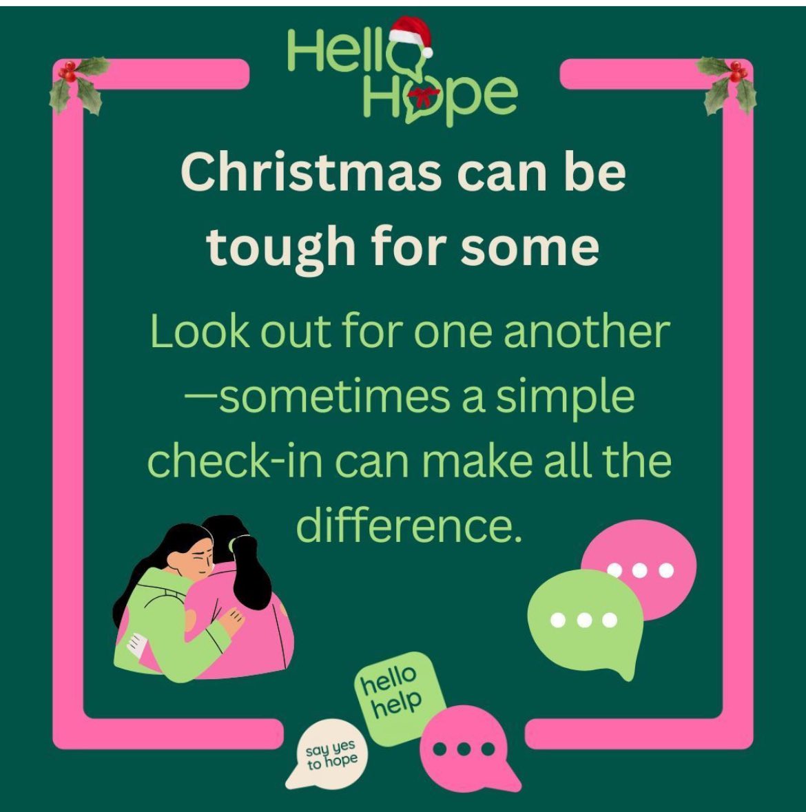 HelloHope (@hellohopeuk) on Twitter photo Merry Christmas! 
Remember Christmas can be tough for some people so don’t forget to check in with those you love and know 🩷🤍💚 Merry Christmas! 
Remember Christmas can be tough for some people so don’t forget to check in with those you love and know 🩷🤍💚