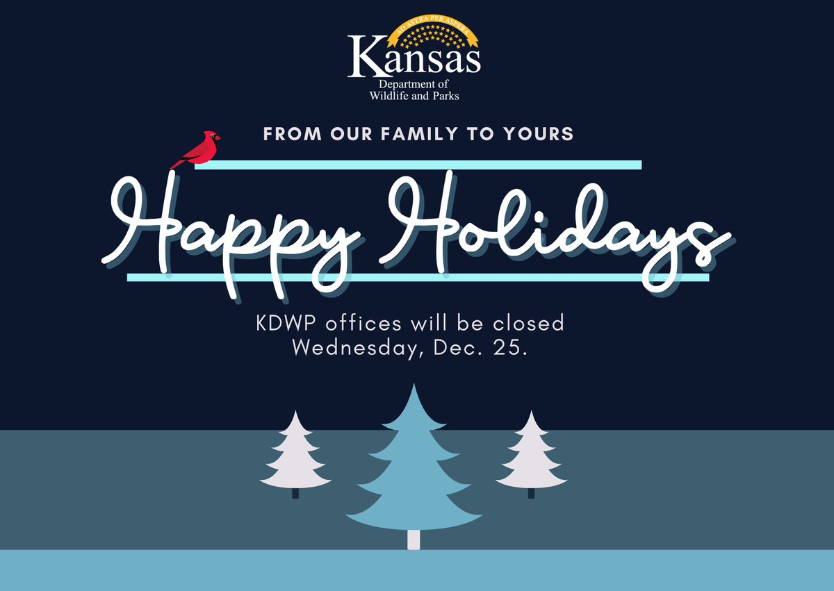 🎄Happy Holidays from all of us at KDWP!🎄

KDWP offices will be closed Wednesday, Dec. 25. Regular office hours will resume on Thursday, Dec. 26.