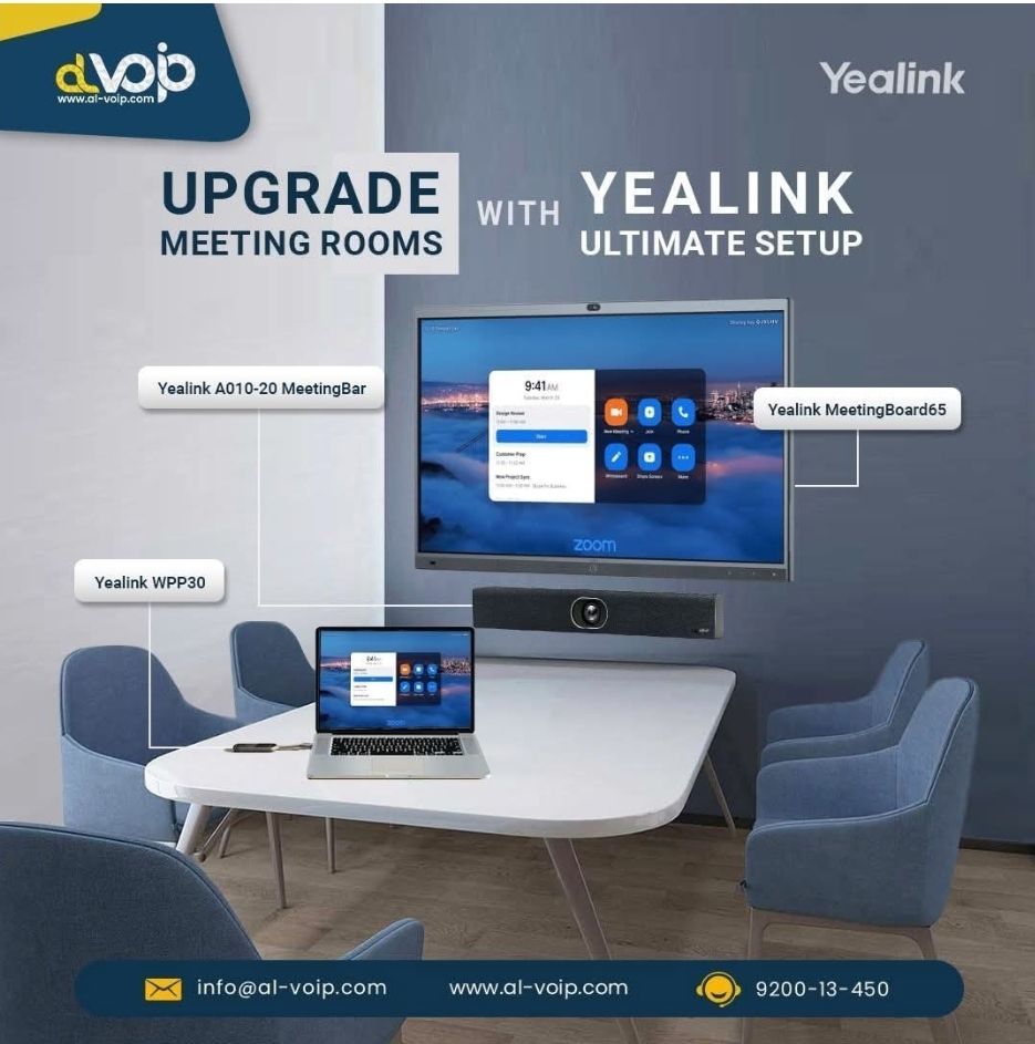 Upgrade meetings with Yealink!
A20-010 for Teams, 20MP AI camera, WPP30 for 4K wireless sharing, MeetingBoard65 for Zoom Rooms.
  For more details:
buff.ly/49PdBTc
 Email: info@al-voip.com
Tel: 920013450
WhatsApp: +(966)-133313575