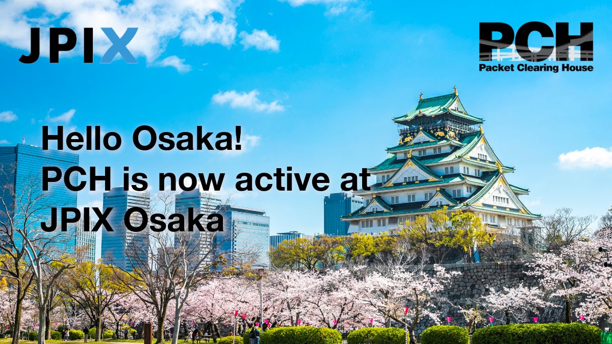 PCHglobal's tweet photo. Hello Osaka!
We are happy to announce that we are now active and ready for #peering at JPIX Osaka.
Thank you @JPIX team for helping us to build a faster and more resilient #dns infrastructure!
#DNS #peering #Quad9 #IXP https://t.co/kqA6kVi4gT