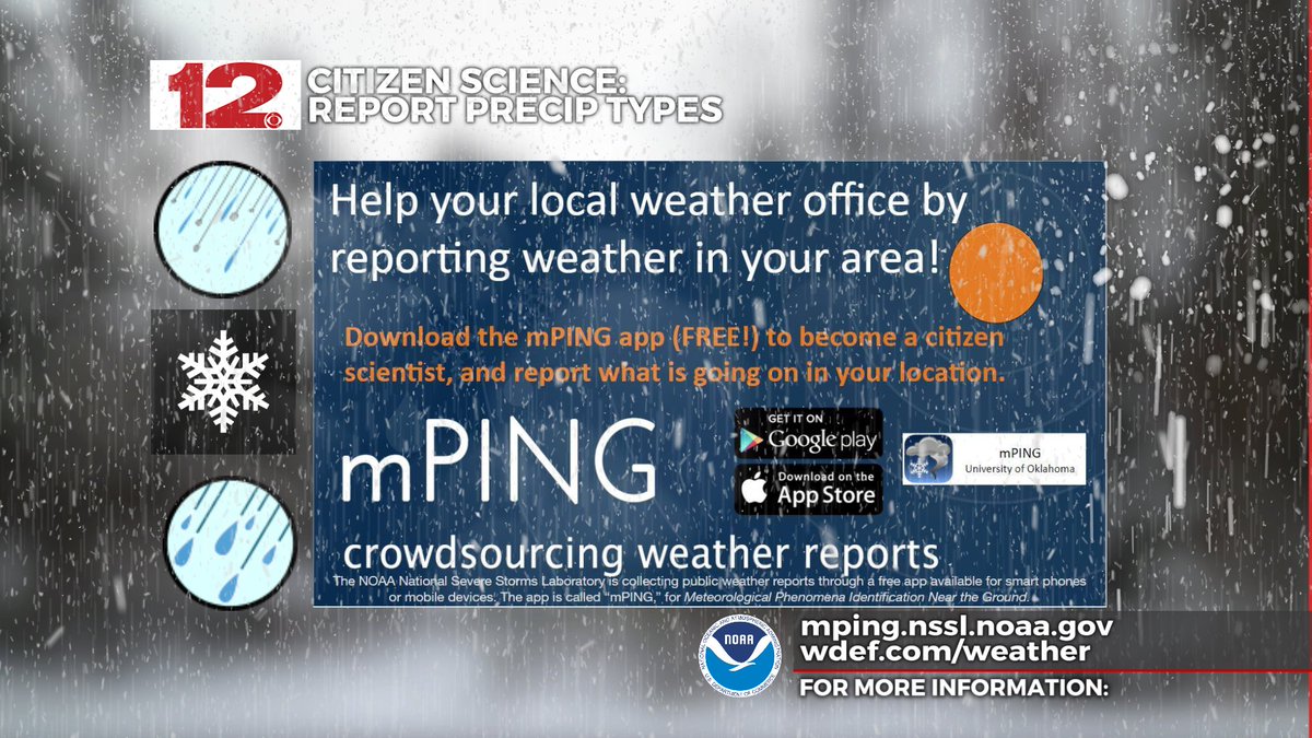 wdefnews12's tweet image. When winter weather moves through, you can participate in #CitizenScience by reporting what types you receive through the free NOAA NSSL #mPING #weatherapp. 

More information at wdef.com/weather  and mping.nssl.noaa.gov