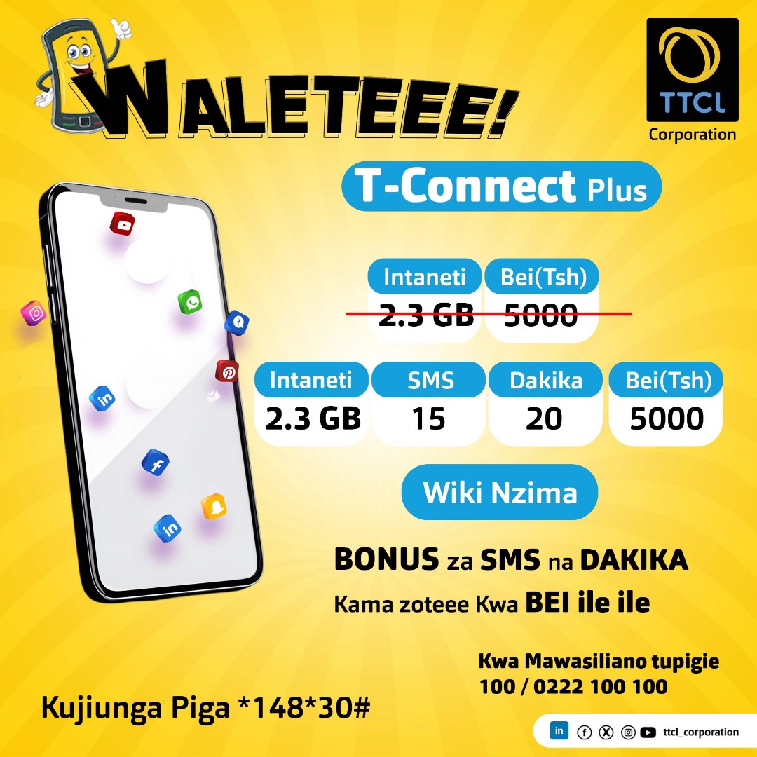 TTCLCorporation's tweet photo. #Tconnectplus inakupa uhakika wa #Data#Dakika#SMS kwa gharama nafuu
Kujiunga piga *148*30#
#Waletee, #uhakika#gharamanafuu https://t.co/C72heL34m1