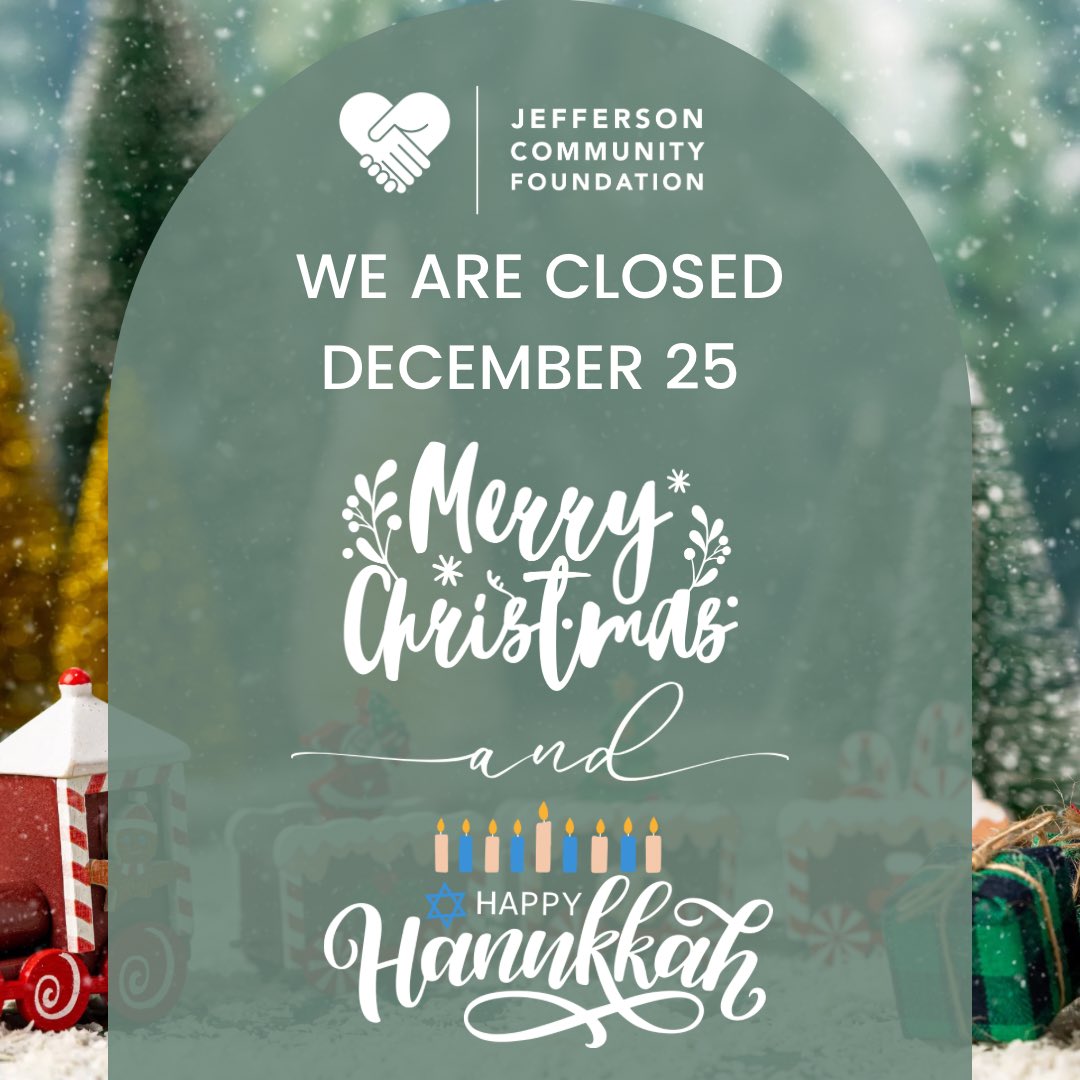 JCFPhilanthropy's tweet photo. JCF’s office is closed today. Wishing you a Merry Christmas and Happy Hanukkah!
#jeffersonparish #jeffersoncummunity #JeffersonStrong https://t.co/dsEmDlDcth