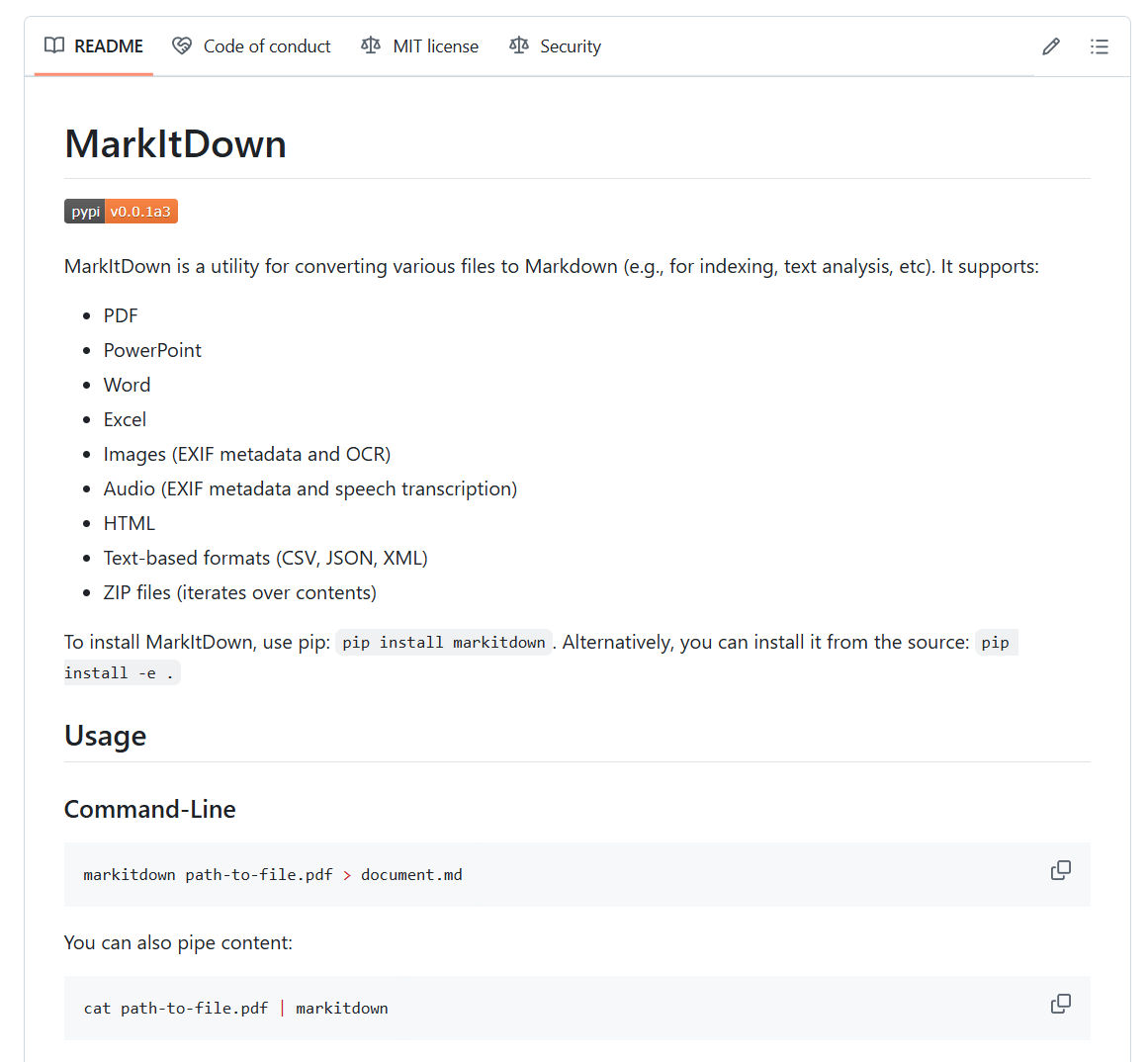 Microsoftのエンジニアが「markitdown」という非常に便利なツールを公開しました。

このツールを使うと、PDF、Word、Excel、HTML、JSON、音声、動画など、さまざまなファイル形式をMarkdownに変換することができます。