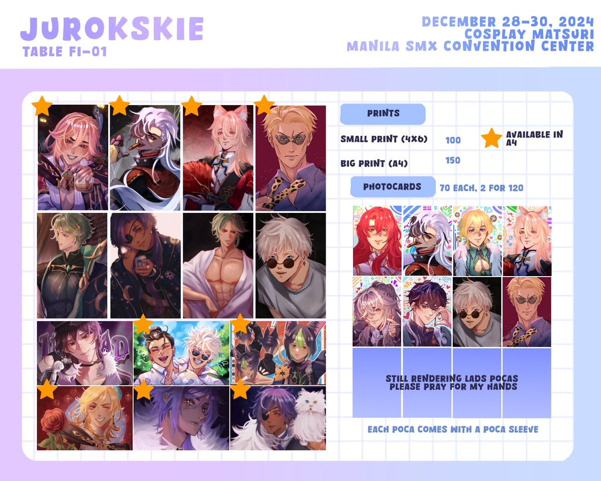 yeetskies_'s tweet photo. [rts 💅]

Here's my rushed catalogue for cosmatsu 2024!! i'm at table FI-01 (it's i not l)

I have new merchies so please visit^^

(if you wanna reserve, please feel free to dm me on insta @/jurokskie (not here cuz it'll take days)
#FanFairatCosplayMatsuri2024
#CosplayMatsuri2024 https://t.co/sShIDBoOCR