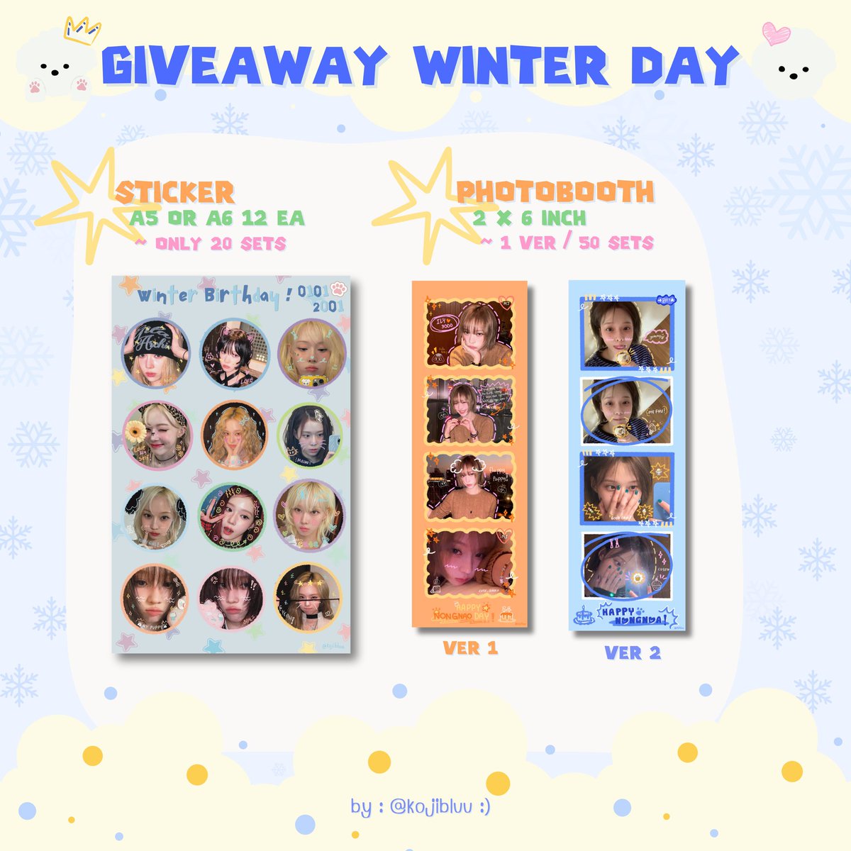 kojibluu's tweet photo. ᨓ pls kindly rt ᨓ
⌗ 𝐺𝑖𝑣𝑒𝑎𝑤𝑎𝑦 𝑊𝑖𝑛𝑡𝑒𝑟 𝐷𝑎𝑦 ☃️⭐️
★ 𝐴𝟻 𝑂𝑟 𝐴𝟼 𝑠𝑡𝑖𝑐𝑘𝑒𝑟 𝟷𝟸 𝐸𝐴
★ 𝑃ℎ𝑜𝑡𝑜 𝑏𝑜𝑜𝑡ℎ 𝟻𝟶 𝑠𝑒𝑡𝑠
⌗ 30-12
#24thDebutanteofWinter
⌗ 11-01
#0101FirstSnowwithWinter
#Itsawonderfulwinterday
⌗ for exchange pls dm📩 https://t.co/Lyzg1109Y6