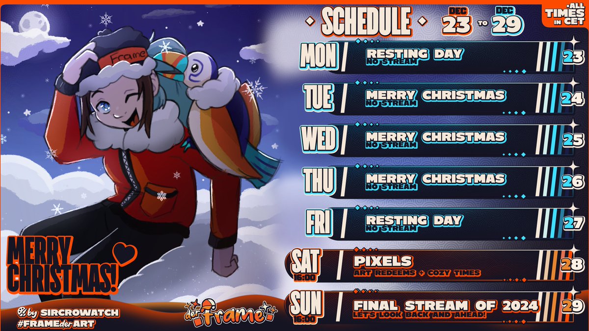 FRMFrame's tweet photo. ✨STREAM SCHEDULE ~ DEC 23 - DEC 29 ✨
Wishing you all a Merry Christmas! ❄️
🖌️by SirCrowatch
#FrameSchedule https://t.co/NmPaXF6L7y
