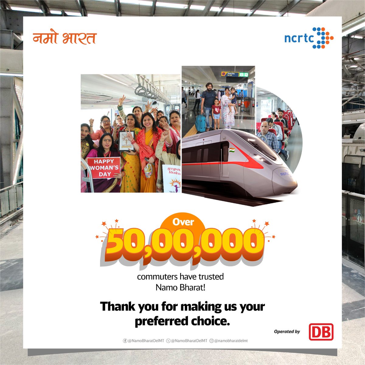 NamoBharatDelMT's tweet photo. Over 50 lakh commuters have chosen speed, comfort, and reliability of #NamoBharat trains on the Delhi-Ghaziabad-Meerut Namo Bharat corridor since the start of operations. Covering 42 km from Sahibabad to Meerut South, we are transforming commute for all!
#NCRTC #DBRRTS https://t.co/Wx4ORfnuX9