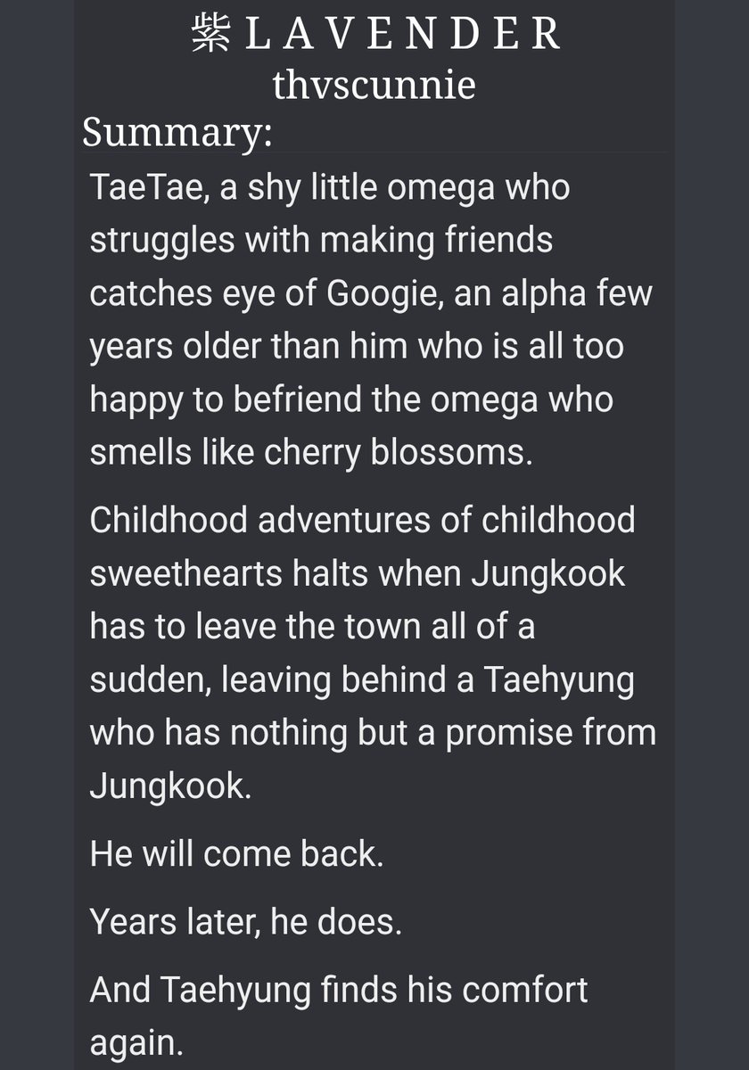 milfitae's tweet photo. Lavender 
@thvscunnie

✓ 27k | complete | teen and up
✿⁠ alpha jj x omeg th
✿ childhood best friends to lovers 
✿⁠ autistic th
✿⁠ th is very adorable and jk is a sweetheart 💞🤧

🖇️https://t.co/6hvm4i0yCF https://t.co/DKQdcxKkRL
