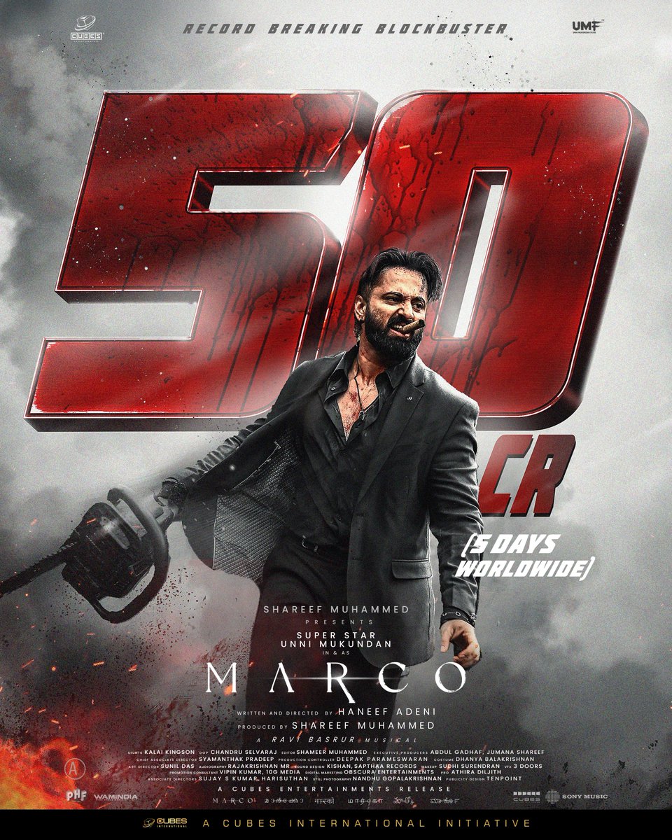 M🅰️RCO - 5️⃣0️⃣ Cr Worldwide in 5 Days! 📈
Running Successfully in theatres near you!

<a href="/Iamunnimukundan/">Unni Mukundan</a> 
#Marco #running #successfully #blockbuster #incinemasnow
