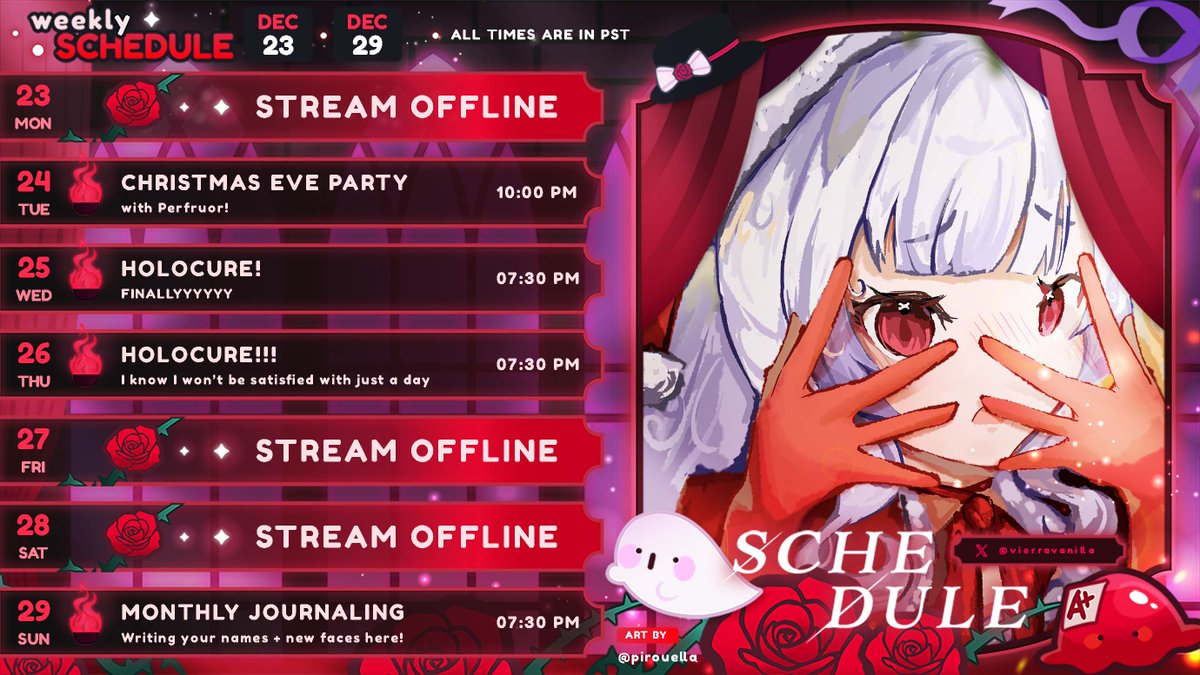 vierravanilla's tweet photo. 🎀WEEKLY SCHEDULE📷 
HO HO HO HO HO!! 
eneral: #VierraVanilla
Live/Clips: #VivaLive / #VivaClips
Art: #VivaArt
Meme : #Vivahaha
Pets / Food : #Vlognilla 

art by
@pirouella https://t.co/PJjacpKv2D