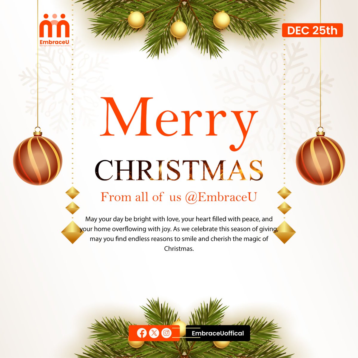 EmbraceUoffical's tweet photo. On this special day, may the joy of Christmas fill your heart with boundless gratitude and renewed faith.

Let the season remind you of the importance of kindness, love, and compassion.

Merry Christmas from all of us at EmbraceU.
#Christmas https://t.co/88R2AoNxSK