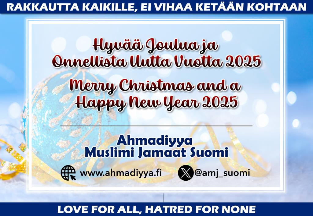 amj_suomi's tweet photo. Hyvää #joulua kaikille juhliville ja onnellista uutta vuotta #2025
We wish Merry #Christmas2024 for all celebrating and a Happy New Year 2025 to everyone!
May the year 2025 bring lots of happiness with Safety, Prosperity, Progress and Peace for all humanity! #VoicesForPeace https://t.co/VEJvvaphvs